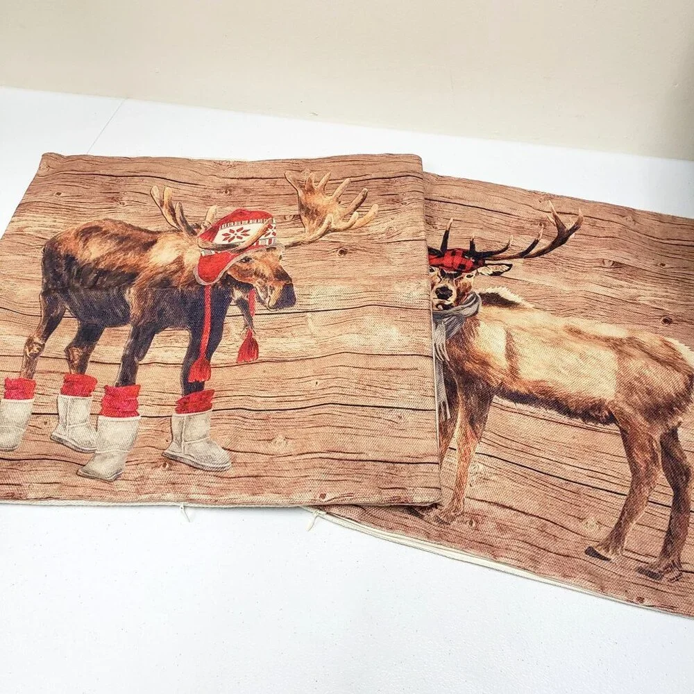 Set of 2 Moose Reindeer Christmas Holiday Pillow  Covers